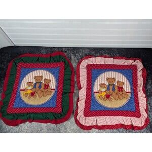 Pair Of Vintage Hand Quilted Bear Family 12"Pillow Cases Cottagecore Grannycore
